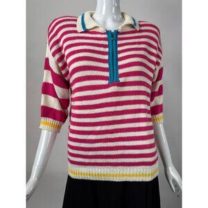 Vintage Catalina Striped Knit Pullover Sweater M Pink & White With Blue Zip Neck